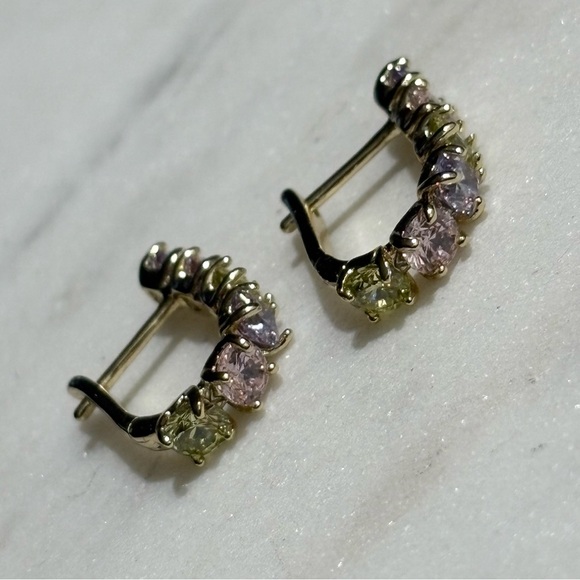 Multicolor Pastel Purple Pink Yellow Gemstone Hoop Gold Tone Earrings - Picture 13 of 15